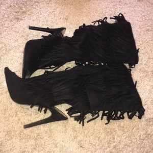 Black peep toe fringe booties